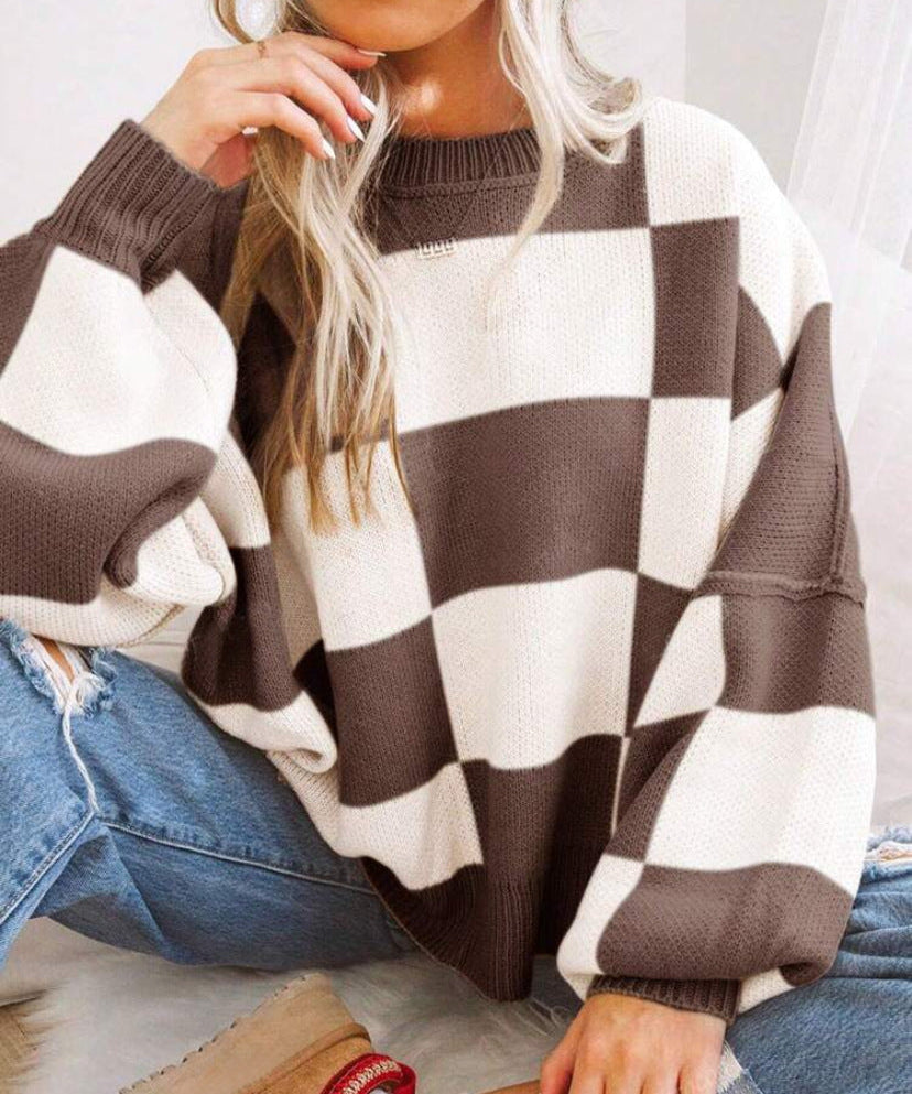 REVERIE™ - Casual Plaid Long Sleeve Round Neck Sweater