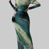 TORINA™ - Comfy Printed Long Sleeve Round Neck Bodycon Maxi Dress