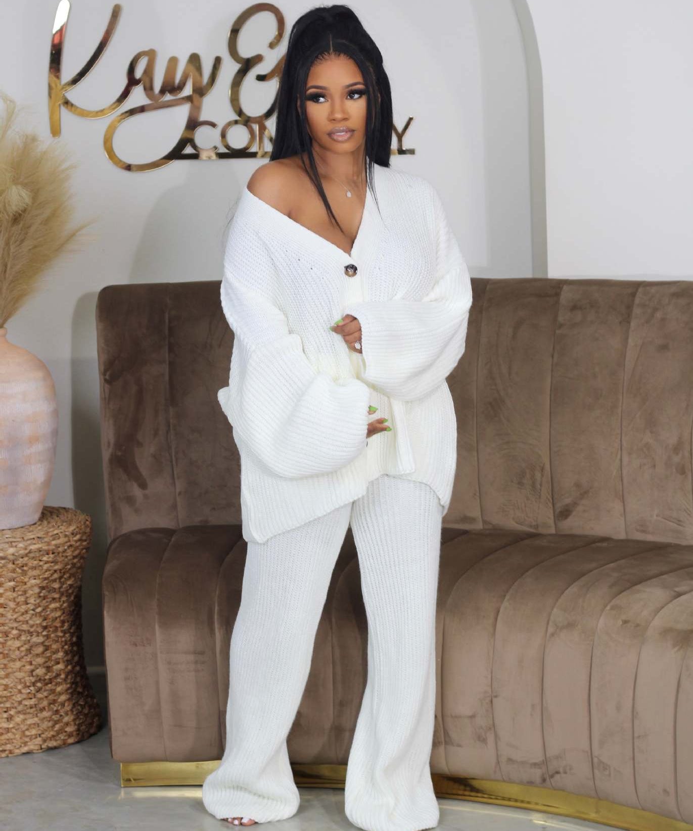 AMIKA™ - Casual V-Neck Cardigan and Wide Leg Pants Set