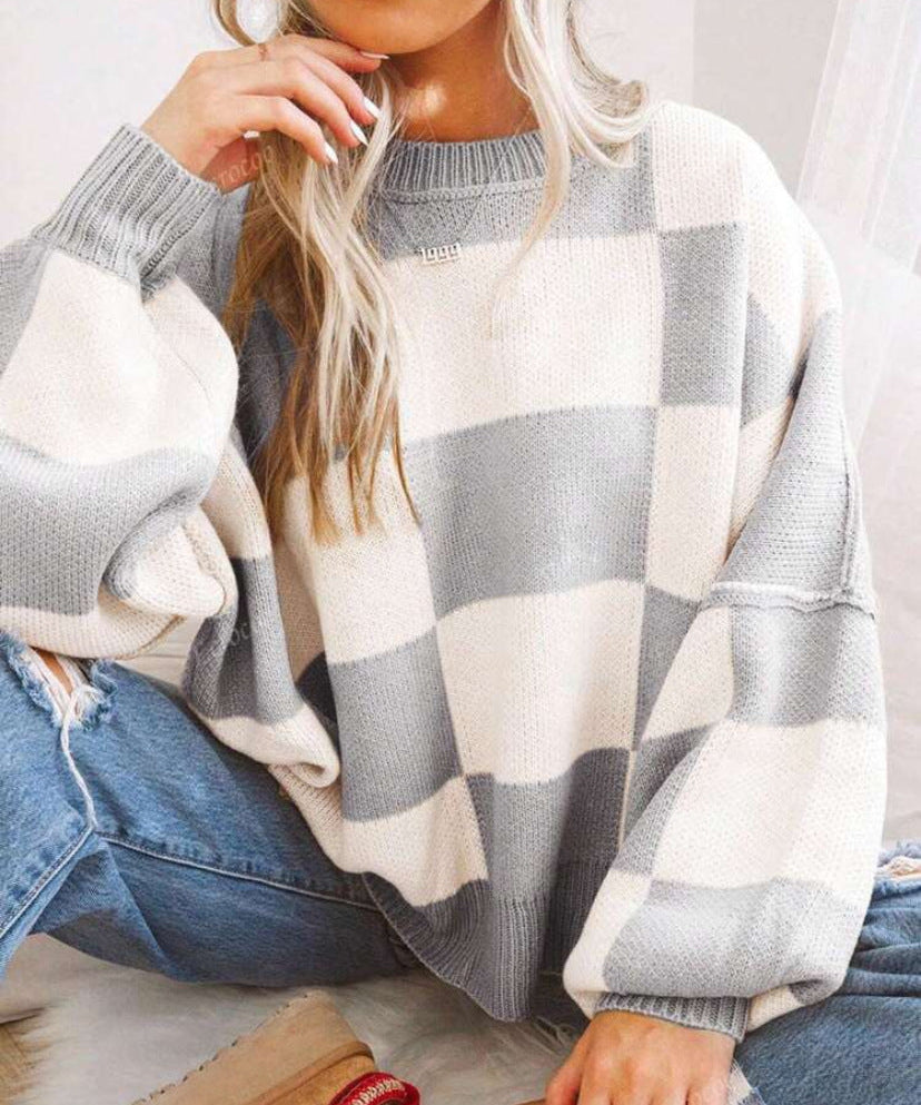 REVERIE™ - Casual Plaid Long Sleeve Round Neck Sweater