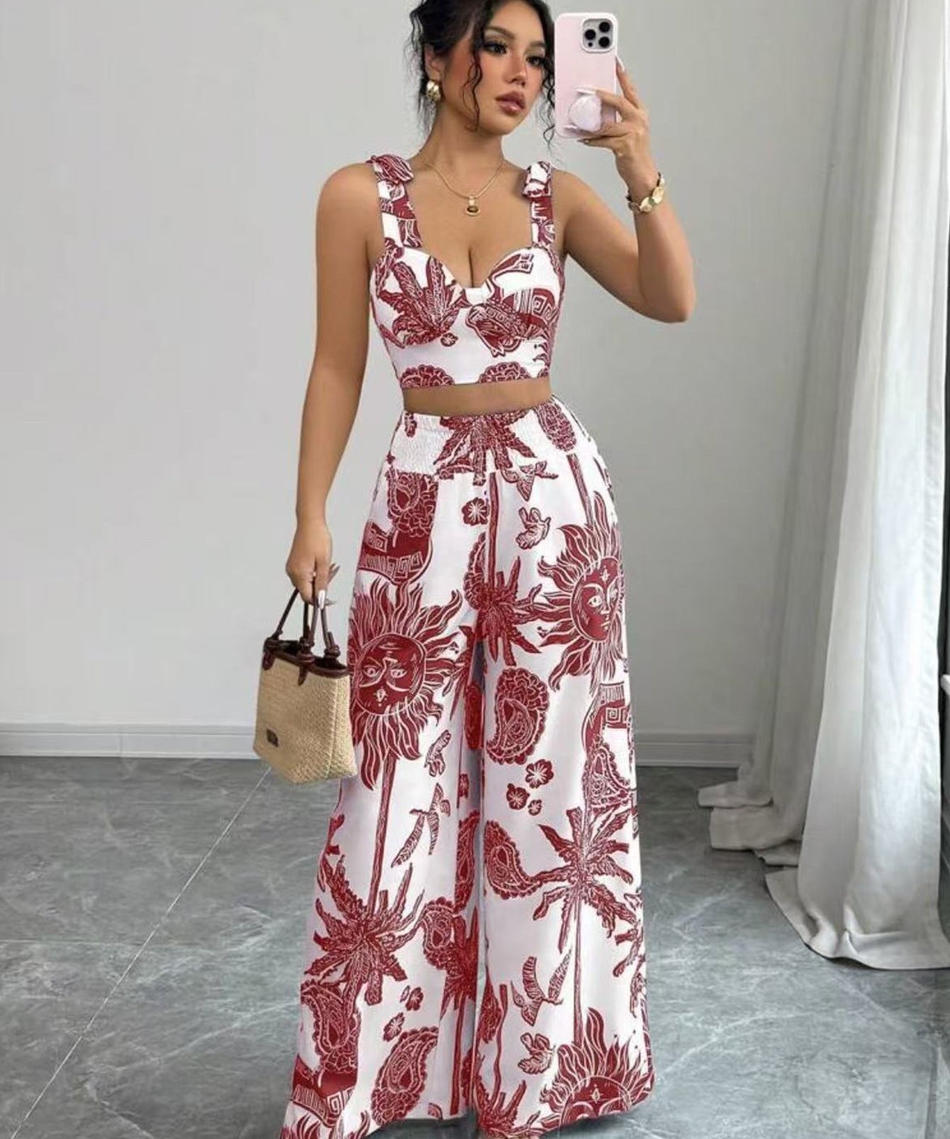 THAWDI™ - Elegant Boho Printed Crop and Wide Leg Pants Set