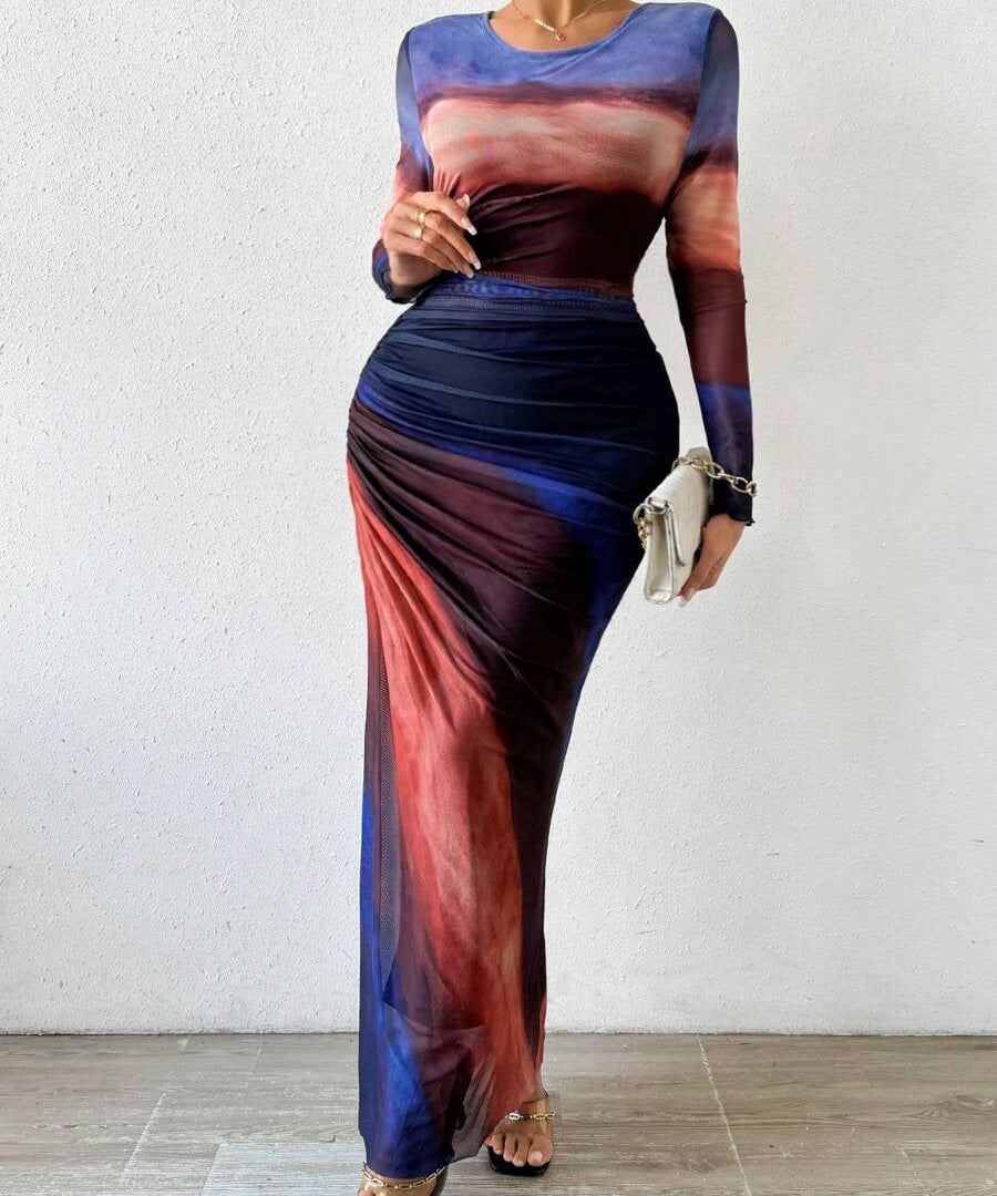 TORINA™ - Comfy Printed Long Sleeve Round Neck Bodycon Maxi Dress