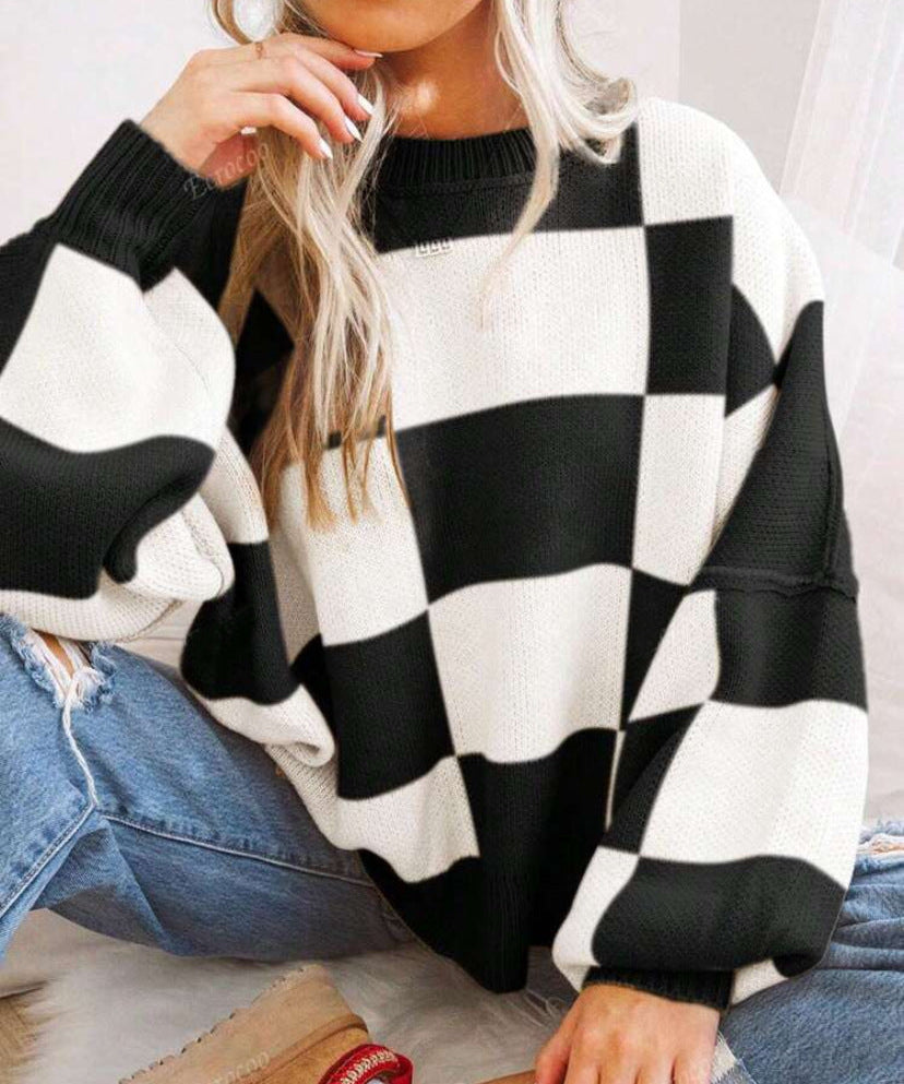 REVERIE™ - Casual Plaid Long Sleeve Round Neck Sweater