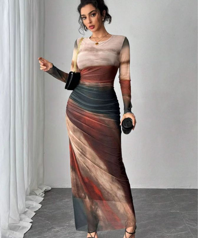 TORINA™ - Comfy Printed Long Sleeve Round Neck Bodycon Maxi Dress