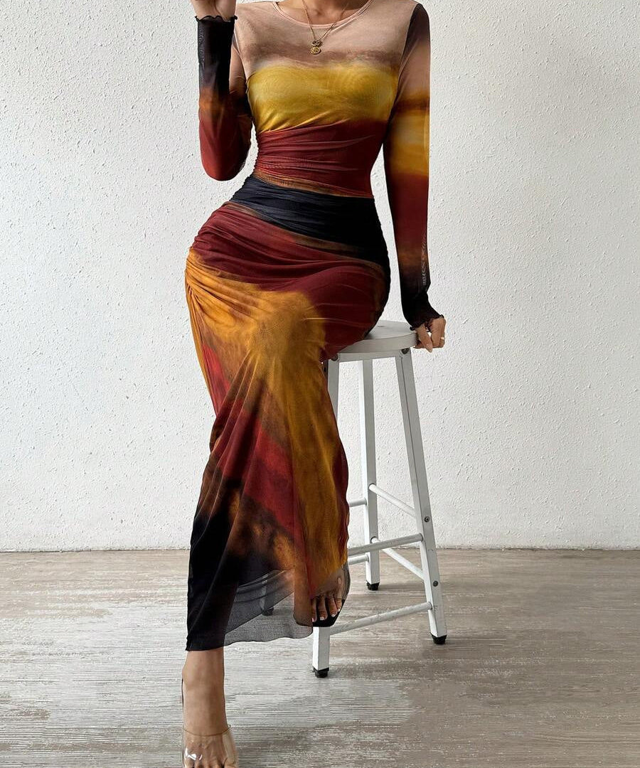 TORINA™ - Comfy Printed Long Sleeve Round Neck Bodycon Maxi Dress
