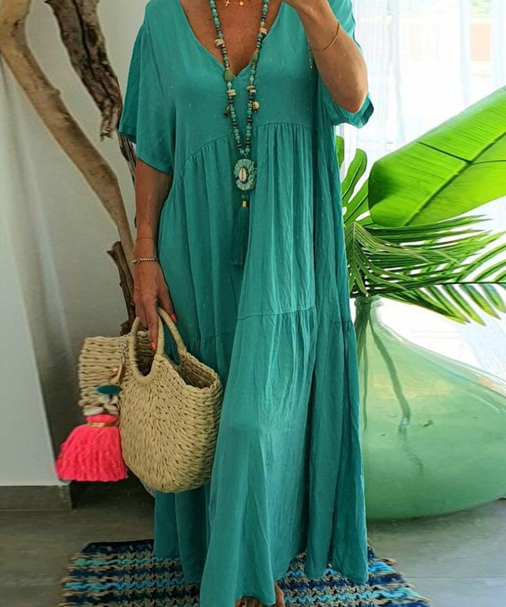 LINNEA™ – Soft Ruffle V-Neck Maxi Dress