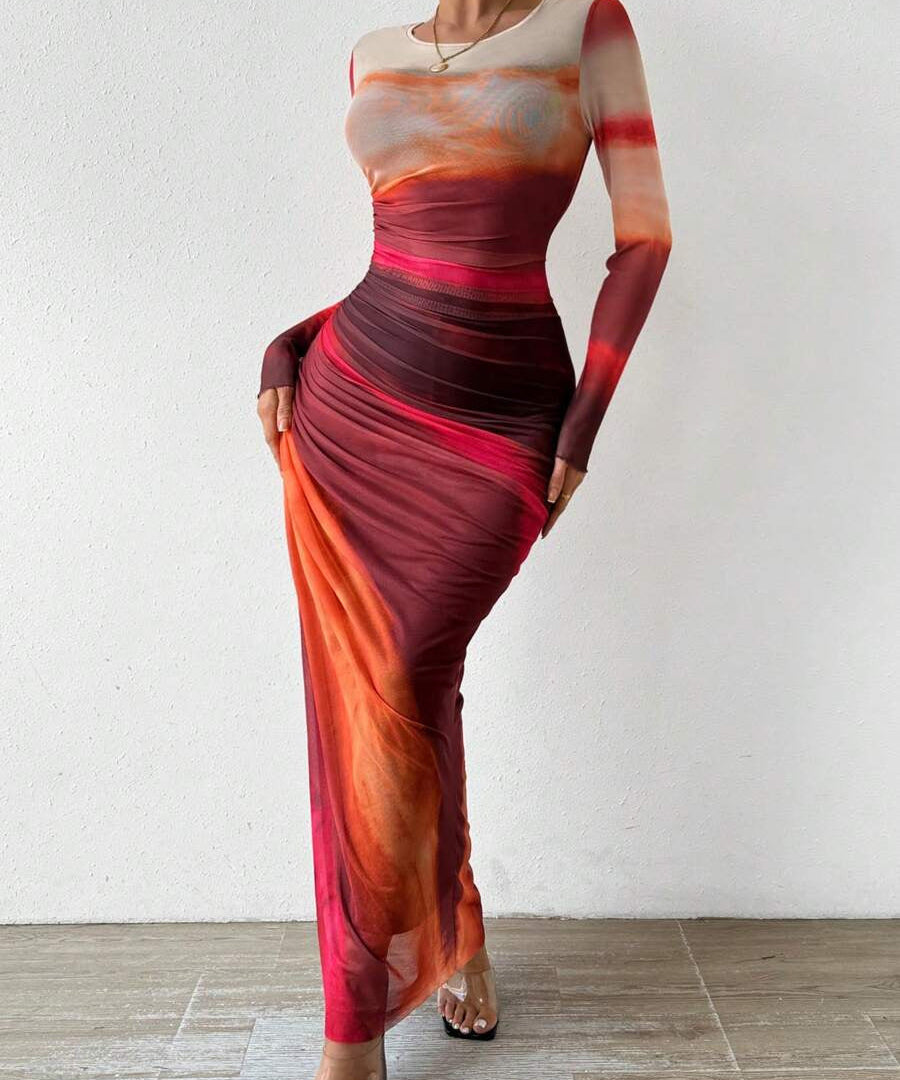 TORINA™ - Comfy Printed Long Sleeve Round Neck Bodycon Maxi Dress