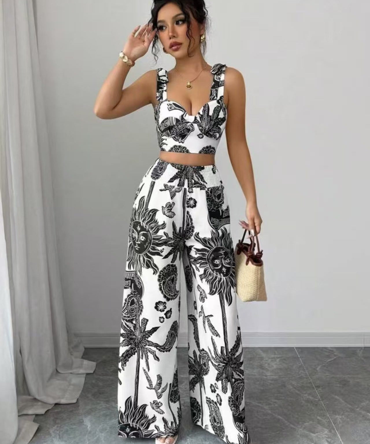 THAWDI™ - Elegant Boho Printed Crop and Wide Leg Pants Set
