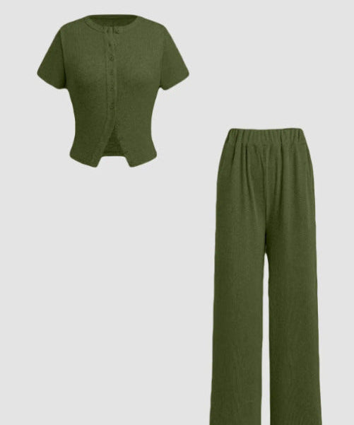 MIRANDA™ - Casual Button Front Top and Wide Leg Pants Set