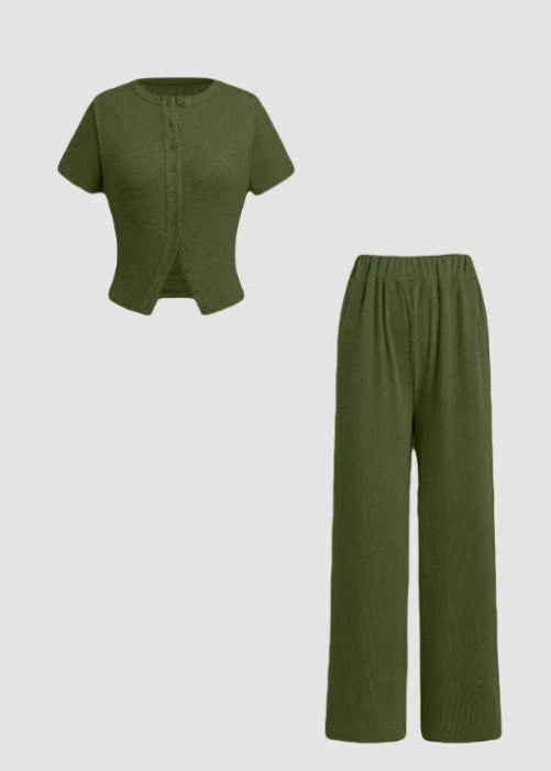 MIRANDA™ - Casual Button Front Top and Wide Leg Pants Set