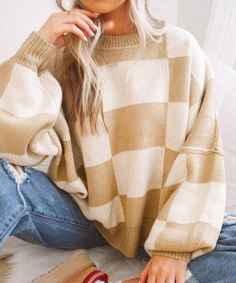 REVERIE™ - Casual Plaid Long Sleeve Round Neck Sweater