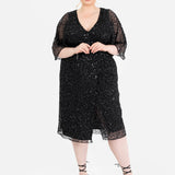 Maya Black Fully Embellished Faux Wrap Midi Dress