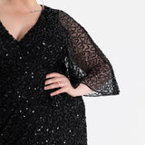 Maya Black Fully Embellished Faux Wrap Midi Dress