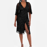 Maya Black Fully Embellished Faux Wrap Midi Dress