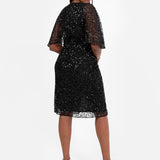 Maya Black Fully Embellished Faux Wrap Midi Dress