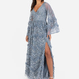 Maya Dusty Blue Fully Embellished Maxi Dress with Frill Detail