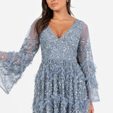Maya Dusty Blue Fully Embellished Maxi Dress with Frill Detail