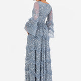 Maya Dusty Blue Fully Embellished Maxi Dress with Frill Detail