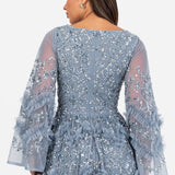 Maya Dusty Blue Fully Embellished Maxi Dress with Frill Detail