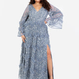 Maya Dusty Blue Fully Embellished Maxi Dress with Frill Detail