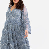 Maya Dusty Blue Fully Embellished Maxi Dress with Frill Detail