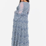 Maya Dusty Blue Fully Embellished Maxi Dress with Frill Detail