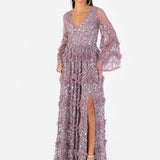 Maya Moody Lilac Fully Embellished Maxi Dress with Frill Detail