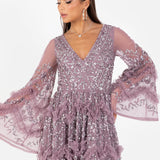 Maya Moody Lilac Fully Embellished Maxi Dress with Frill Detail