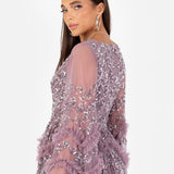 Maya Moody Lilac Fully Embellished Maxi Dress with Frill Detail