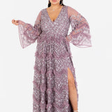 Maya Moody Lilac Fully Embellished Maxi Dress with Frill Detail