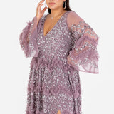 Maya Moody Lilac Fully Embellished Maxi Dress with Frill Detail