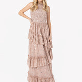 Maya Taupe Blush Fully Embellished Halter Neck Maxi Dress