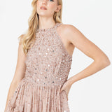 Maya Taupe Blush Fully Embellished Halter Neck Maxi Dress