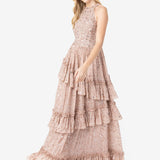Maya Taupe Blush Fully Embellished Halter Neck Maxi Dress