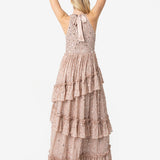 Maya Taupe Blush Fully Embellished Halter Neck Maxi Dress