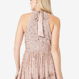 Maya Taupe Blush Fully Embellished Halter Neck Maxi Dress