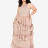 Maya Taupe Blush Fully Embellished Halter Neck Maxi Dress
