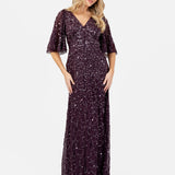 Maya Berry Embellished Angel Sleeve Maxi Dress with Button Detail