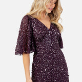 Maya Berry Embellished Angel Sleeve Maxi Dress with Button Detail