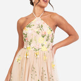 Maya Floral Embroidered Halter Neck Maxi Dress
