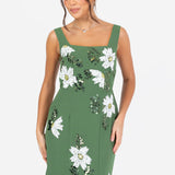 Maya Mid Green Floral Motif Scalloped Square Neck Midaxi Dress with Split