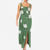 Maya Mid Green Floral Motif Scalloped Square Neck Midaxi Dress with Split