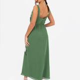 Maya Mid Green Floral Motif Scalloped Square Neck Midaxi Dress with Split