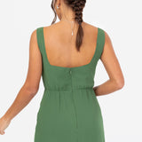 Maya Mid Green Floral Motif Scalloped Square Neck Midaxi Dress with Split