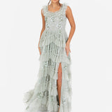 Maya Sage Green Embellished Sleeveless Tiered Maxi Dress