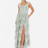Maya Sage Green Embellished Sleeveless Tiered Maxi Dress