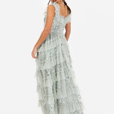 Maya Sage Green Embellished Sleeveless Tiered Maxi Dress