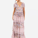 Maya Pink Embellished V Neck Tiered Maxi Dress