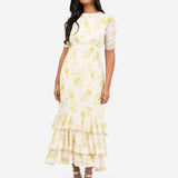 Anaya With Love Floral Short Ruched Sleeve & Keyhole Back High-Low Dress