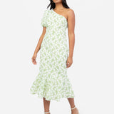Maya Floral One Shoulder Puff Sleeve Peplum Midi Dress